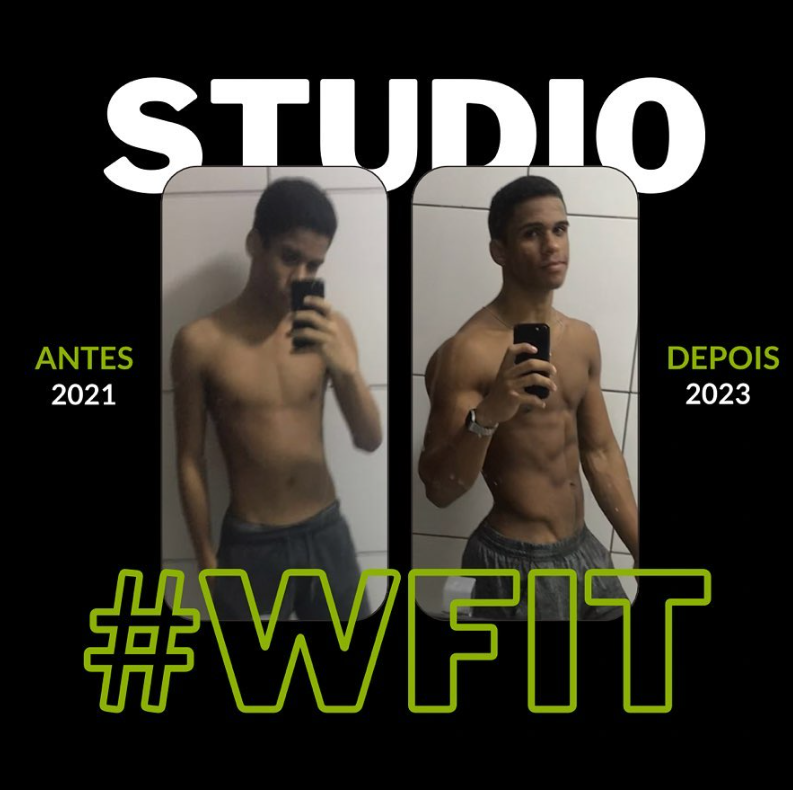Print do Instagram do Studio WFit mostrando a evolução de um aluno de 2021 a 2023, hashtag WFit