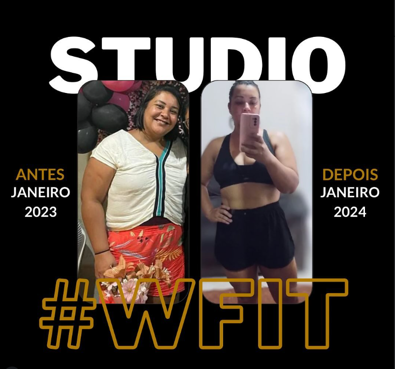 Print do Instagram do Studio WFit mostrando a evolução de uma aluna de janeiro de 2023 a janeiro de 2024, hashtag WFit